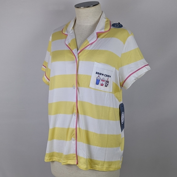 Life Is Good Brew Crew Coffee PJ Set Button Front Short Sleeve Top Shorts M NWT - Picture 4 of 10